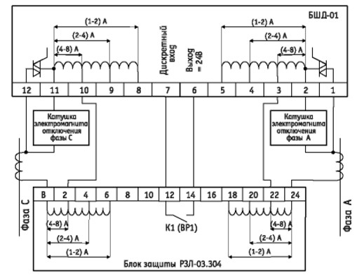 Схема подключения БШД-01 в составе микропроцессорного устройства защиты РЗЛ-03.304