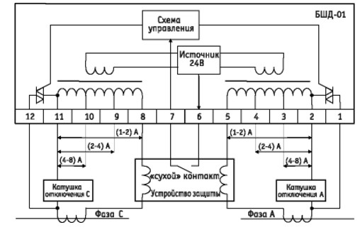 Схема расположения выводов и подключения внешних цепей БШД-01