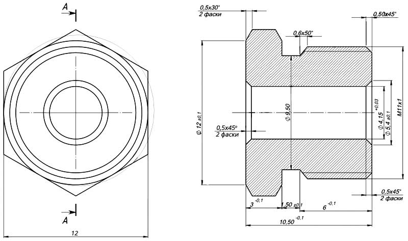 Конструктивная схема гайки инжектора Honeywell (диаметр 4мм)