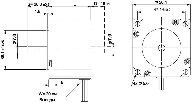 Габаритная схема шагового двигателя KRS563