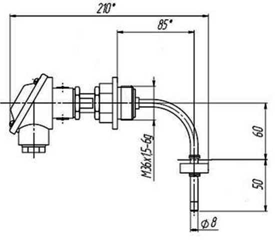 Схема - Габаритные и присоединительные размеры сигнализатора уровня жидкости СУГ-М1-Г (горизонтальная установка) для среды с плотностью более 0,75 г/см3; поплавок тип I