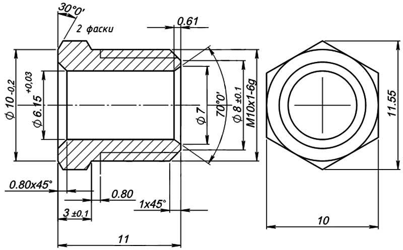 Конструктивная схема гайки инжектора диаметром 6мм