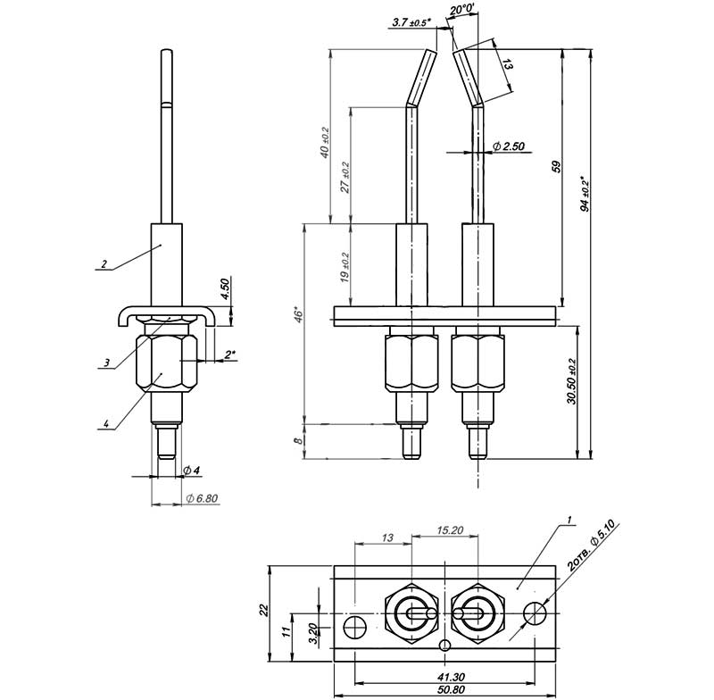 Конструктивная схема блока электродов розжига и контроля пламени 1443-690