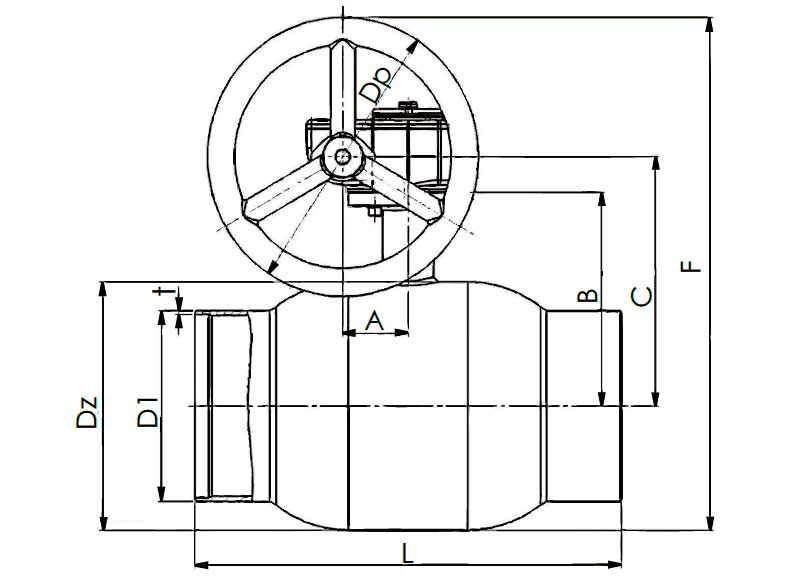 Габаритная схема крана шарового стального под приварку BROEN Ballomax стандартнопроходной с редуктором