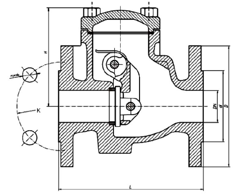 Габаритная схема клапана обратного поворотного фланцевого ZETKAMA 302A