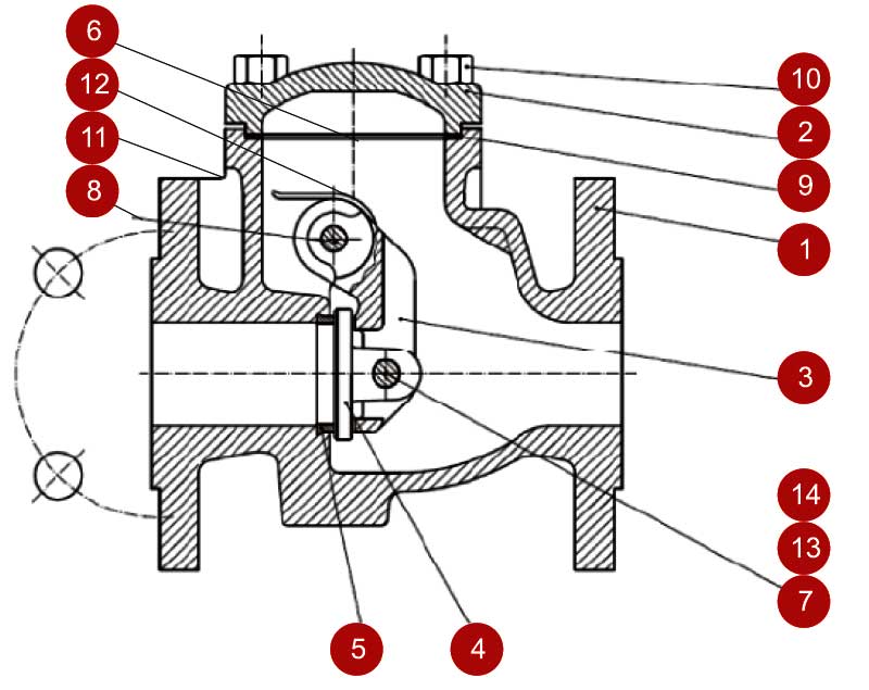 Конструктивная схема клапана обратного поворотного фланцевого ZETKAMA 302A